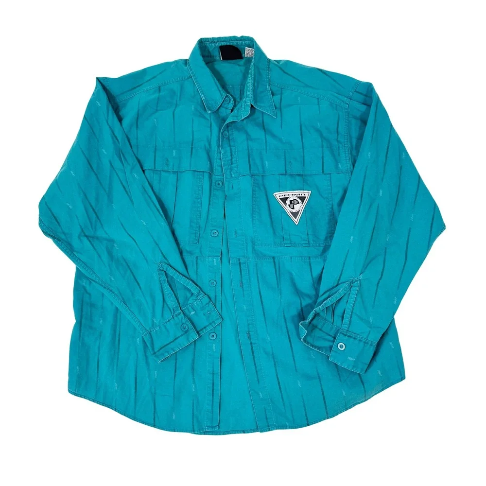 Vintage Permit Shirt Mens L Turquoise Long Sleeve Button Up Cotton 90s - Picture 1 of 4